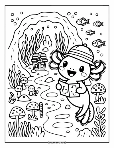 Coloriage d'axolotl pour adultes : Un axolotl cherche un trésor avec une carte dans un jardin de corail et de lumière