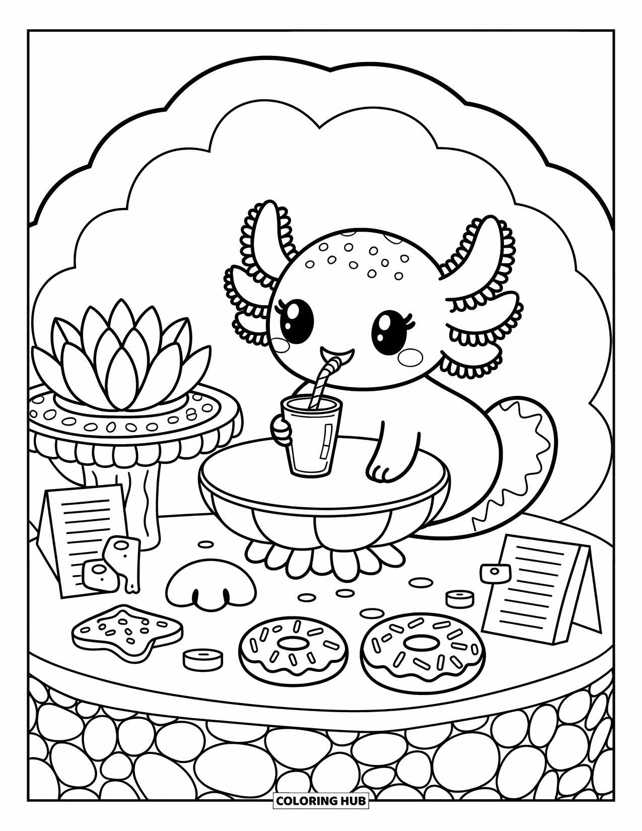 Dibujo de ajolote para colorear para adultos: Un ajolote sorbe una bebida en una mesa de concha en un acogedor cafÉ marino