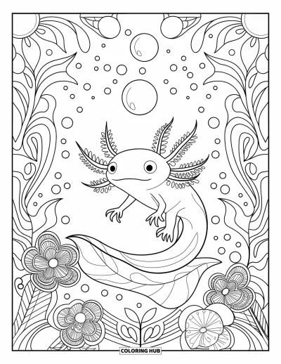 Coloriage d'axolotl pour adultes : Un axolotl est assis sur une feuille dans un mandala floral rempli de bulles et de plantes