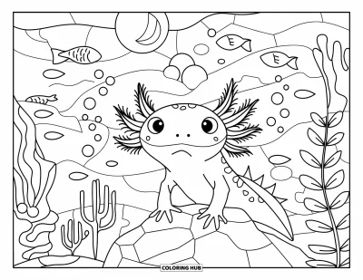 Coloriage d'axolotl pour adultes : Un axolotl est assis sur un rocher entouré de poissons, de coraux, de plantes et de bulles montantes