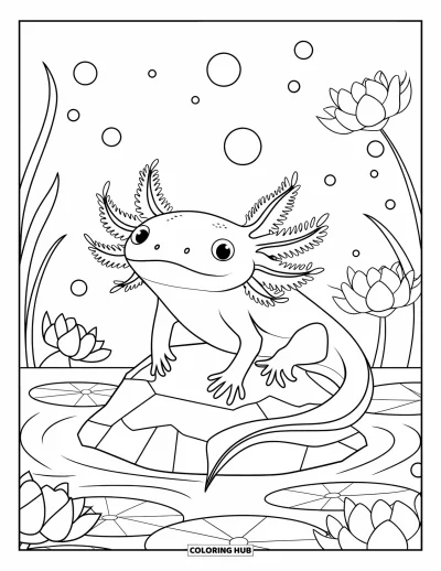 Coloriage d'axolotl pour adultes : Un axolotl est assis sur un rocher entouré de nénuphars, de fleurs de lotus et de bulles