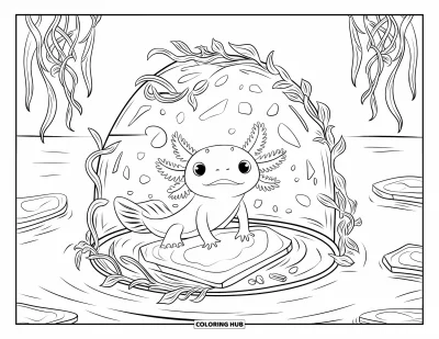 Coloriage d'axolotl pour adultes : Un axolotl est assis sur du verre marin dans un dôme entouré de lianes, avec des bulles et de douces vagues