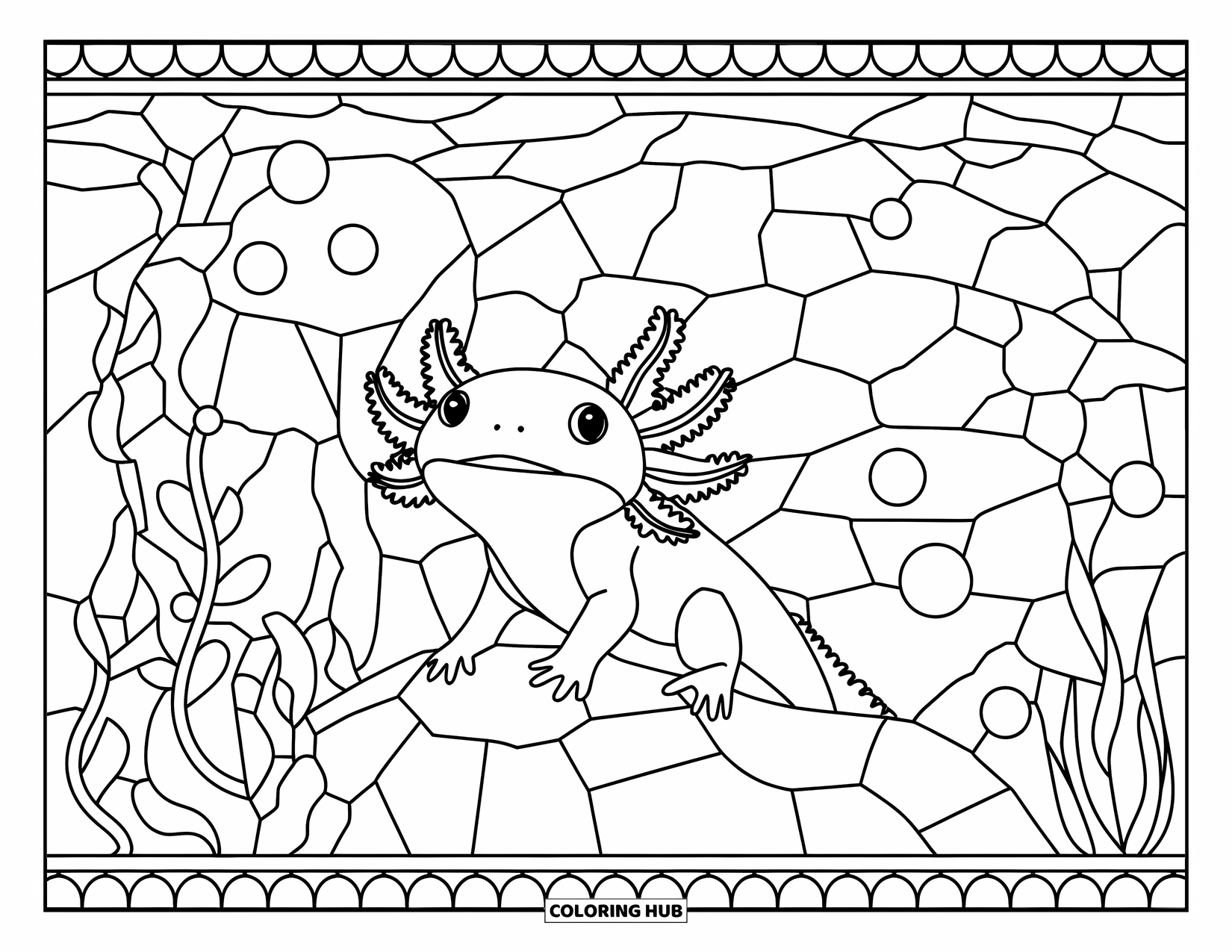 Dibujo de ajolote para colorear para adultos: Un ajolote con la boca abierta descansa sobre una roca entre burbujas, plantas y rocas