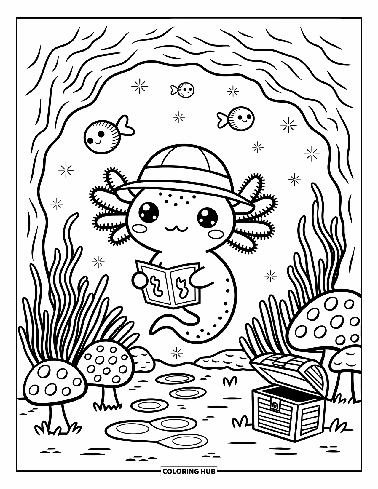 Dibujo de ajolote para colorear para adultos: Un ajolote explorador con un mapa encuentra un tesoro en un jardín de coral mágico