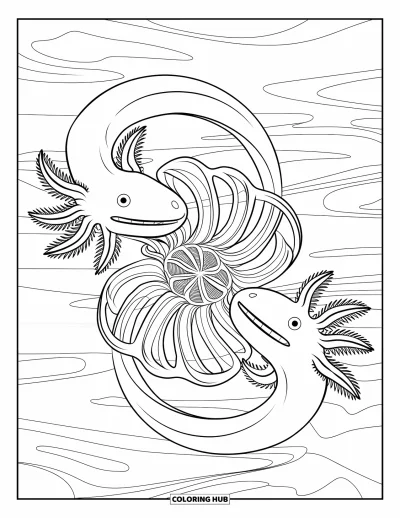 Coloriage d'axolotl pour adultes : Deux axolotls à la bouche ouverte tournent en spirale autour d'une structure sous-marine fleurie