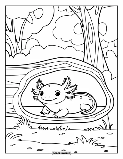Coloriage d'axolotl pour enfants : Un bébé axolotl fait la sieste dans un tronc creux sur un sol forestier herbeux
