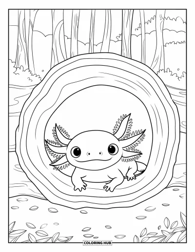 Coloriage d'axolotl pour enfants : Un bébé axolotl se repose dans un tronc pendant que des arbres et des feuilles l'entourent