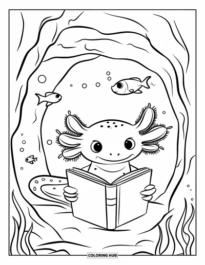 Coloriage d'axolotl pour enfants : Un axolotl passionné de livres lit dans une grotte sous-marine doucement éclairée