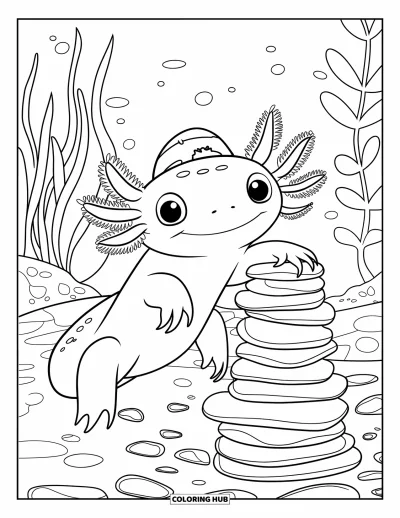 Coloriage d'axolotl pour enfants : Un axolotl souriant construit une tour de galets avec un grand sourire