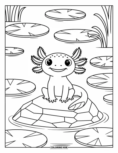 Coloriage d'axolotl pour enfants : Un axolotl plein d'entrain est assis sur un rocher entouré de nénuphars dans un étang calme