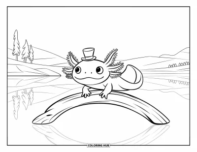 Coloriage d'axolotl pour enfants : Un axolotl curieux avec un minuscule chapeau nage au-dessus d'un tronc dans des eaux tranquilles