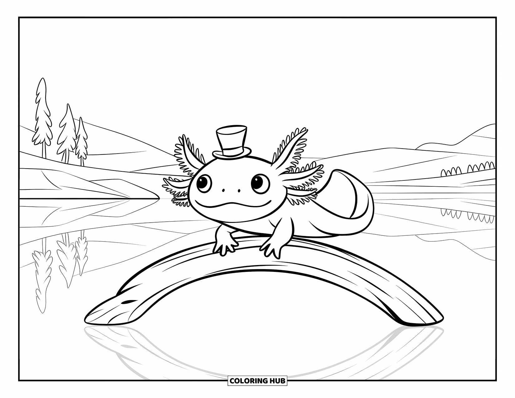 Dibujo de ajolote para colorear para niños: Un curioso ajolote con un sombrerito nada sobre un tronco en aguas tranquilas