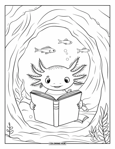 Coloriage d'axolotl pour enfants : Un axolotl curieux lit dans une grotte lumineuse pendant que de petits poissons passent