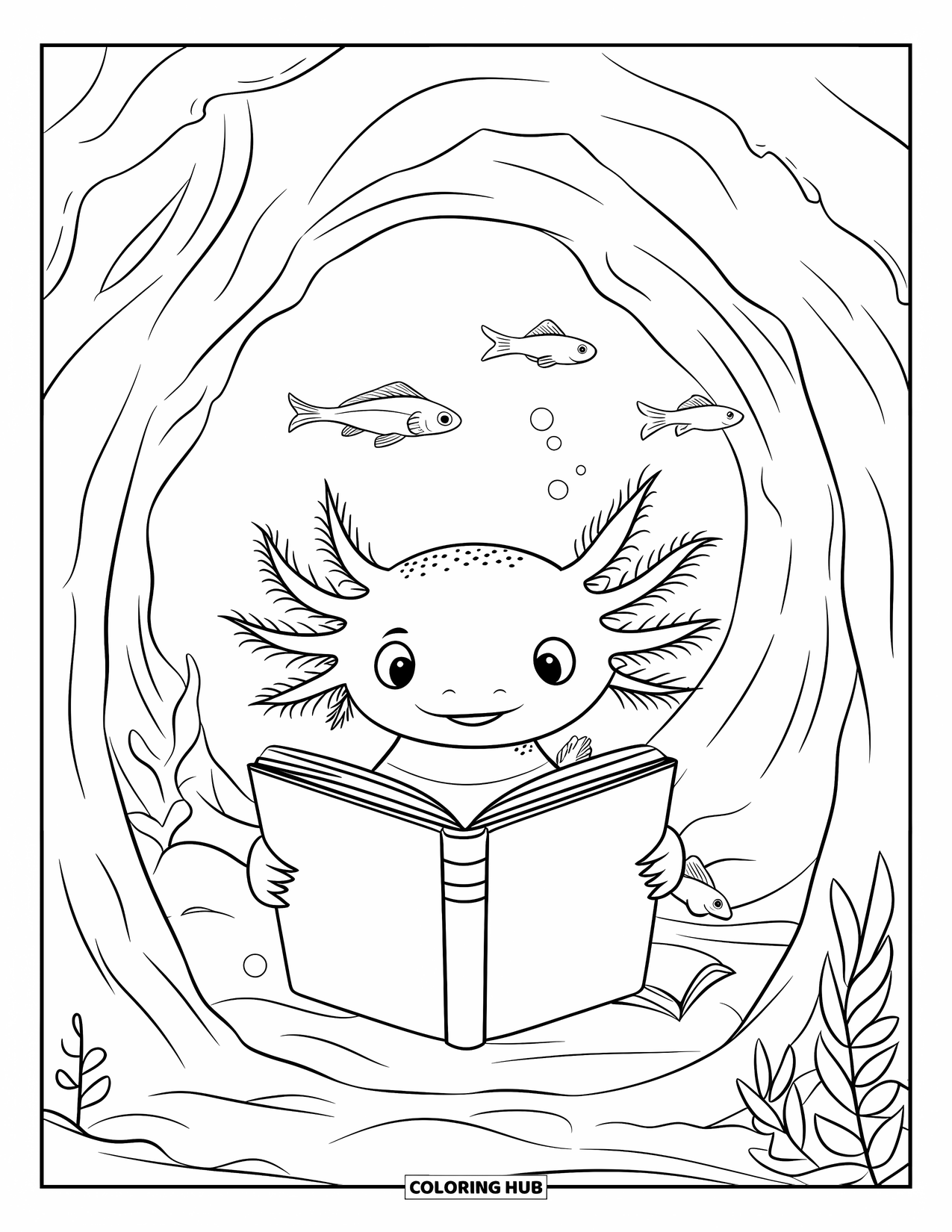 Dibujo de ajolote para colorear para niños: Un curioso ajolote lee en una cueva brillante mientras pequeños peces pasan por allí