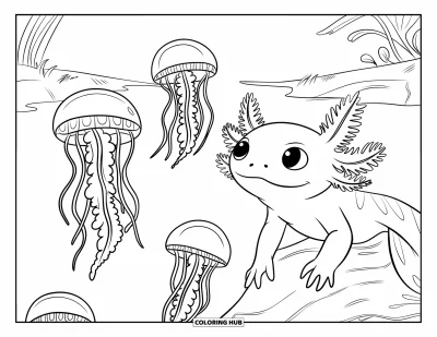 Coloriage d'axolotl pour enfants : Un axolotl curieux regarde cinq méduses dériver dans un lac paisible