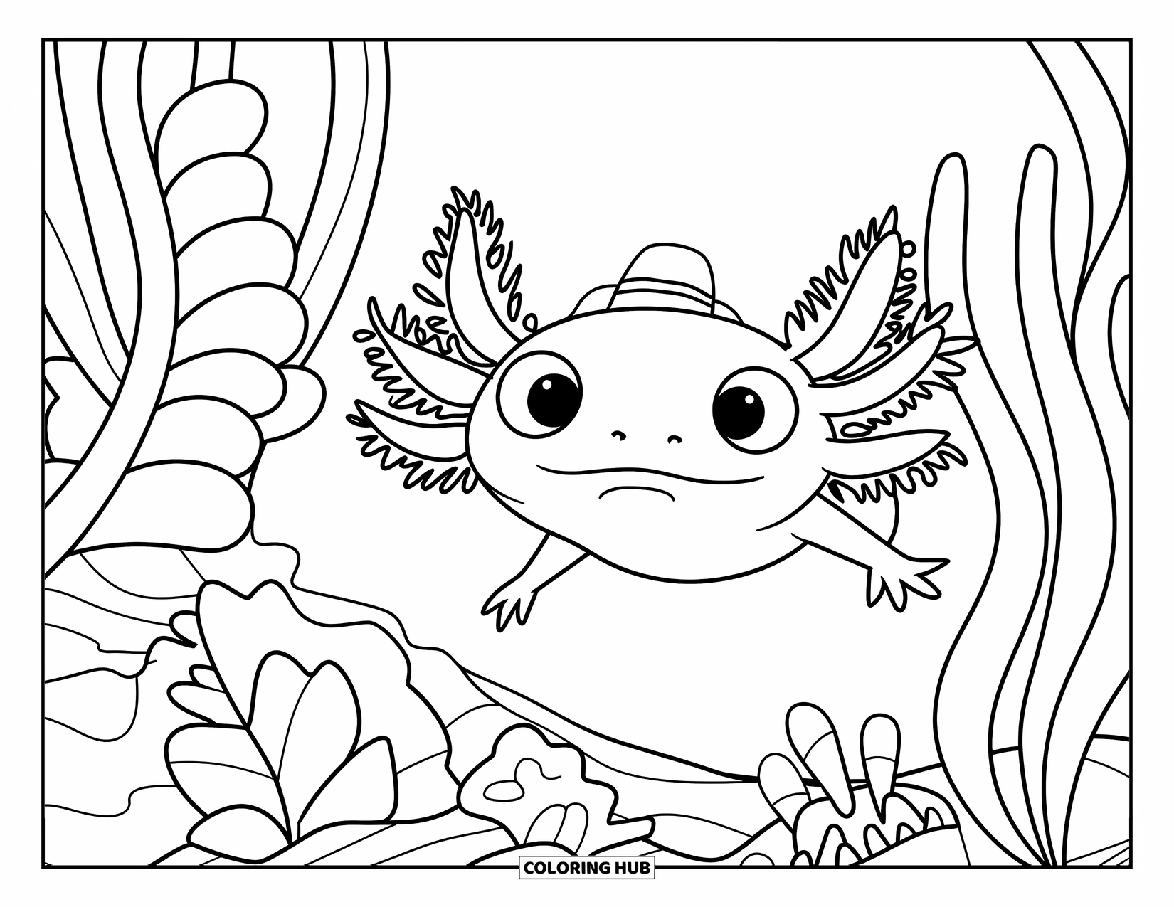 Dibujo de ajolote para colorear para niños: Un ajolote flotante con un sombrerito explora un llamativo jardín de plantas submarinas