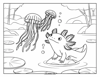 Coloriage d'axolotl pour enfants : Un axolotl amical souffle des bulles en regardant des méduses flotter au-dessus