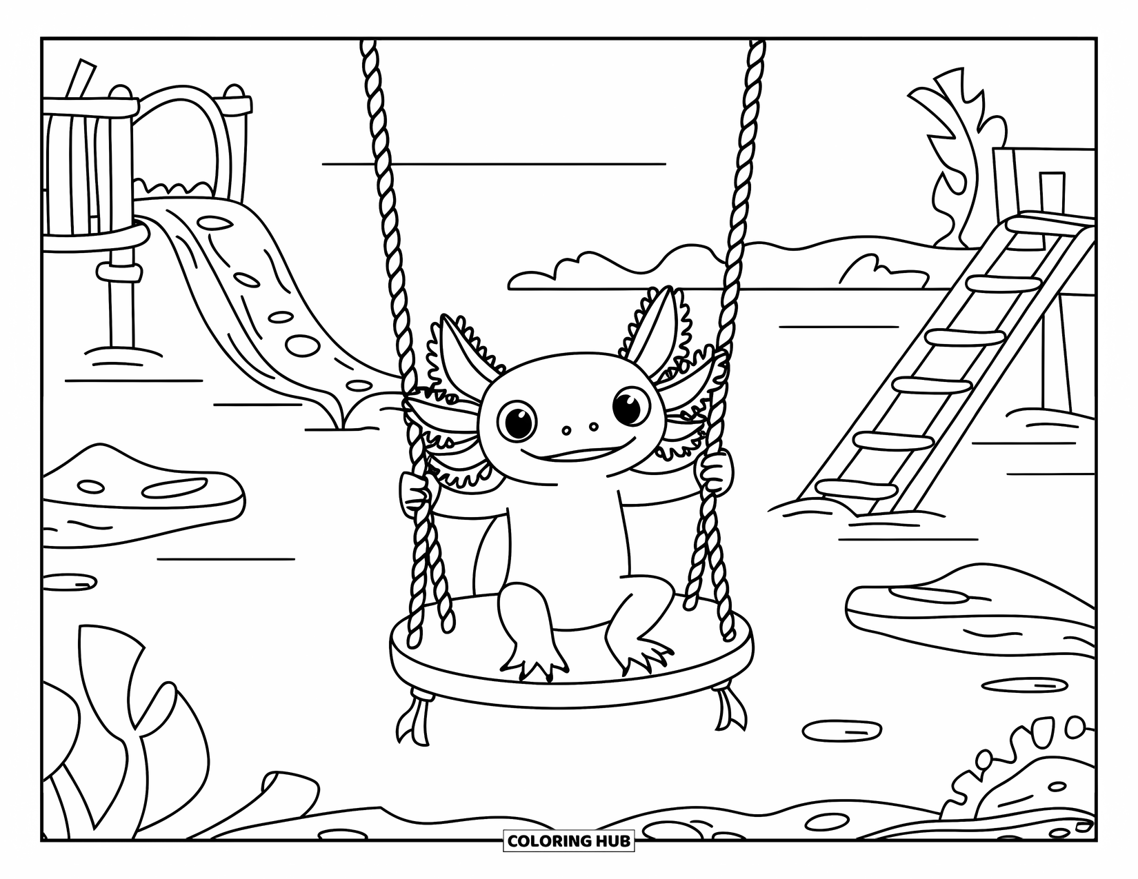 Dibujo de ajolote para colorear para niños: Un feliz ajolote se balancea en un patio de recreo de algas marinas cerca de una vista del castillo