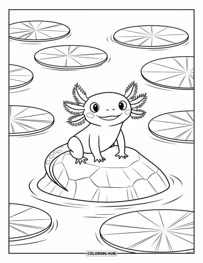 Coloriage d'axolotl pour enfants : Un axolotl joyeux sourit depuis un rocher, flottant tranquillement parmi des nénuphars