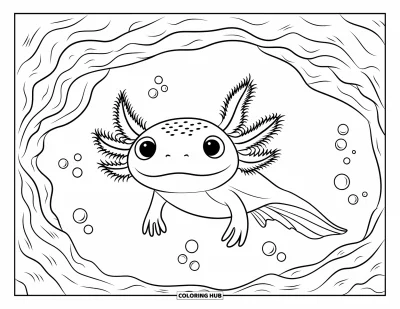 Coloriage d'axolotl pour enfants : Un axolotl majestueux nage sous une grotte marine rocheuse remplie de bulles