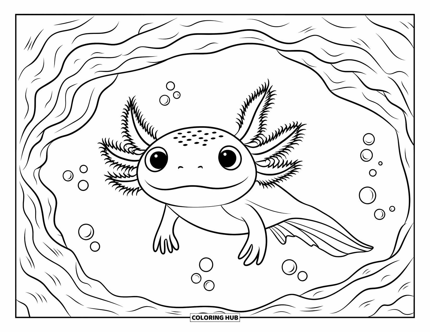Dibujo de ajolote para colorear para niños: Un majestuoso ajolote nada debajo de una cueva marina rocosa llena de burbujas