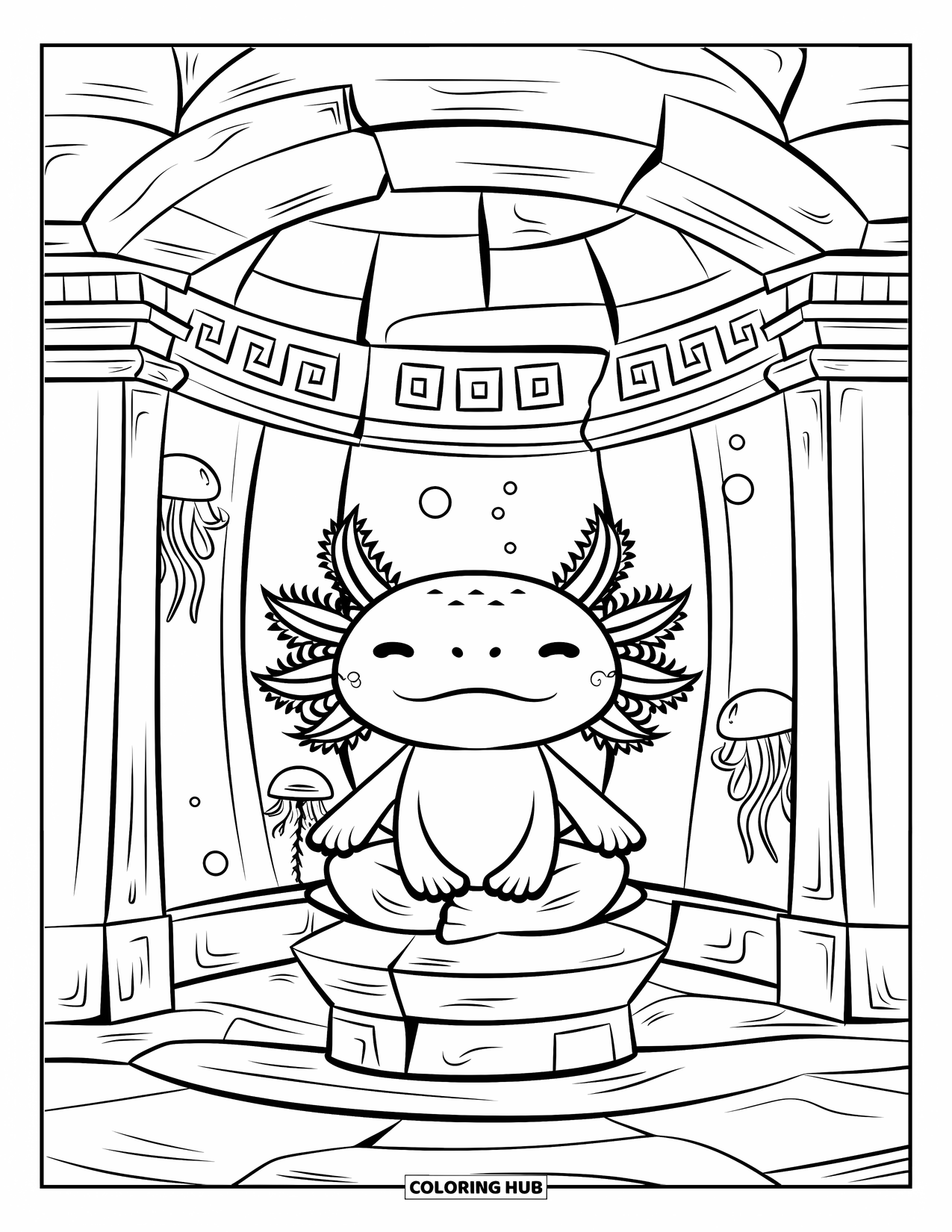 Dibujo de ajolote para colorear para niños: Un ajolote meditando descansa sobre un pedestal en un templo submarino abovedado