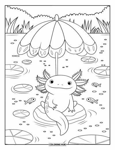 Coloriage d'axolotl pour enfants : Un axolotl paisible se repose sur un rocher sous un nénuphar près de petits poissons