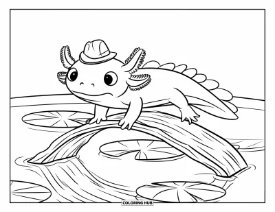 Coloriage d'axolotl pour enfants : Un axolotl joueur avec un petit chapeau nage au-dessus d'un tronc près de nénuphars