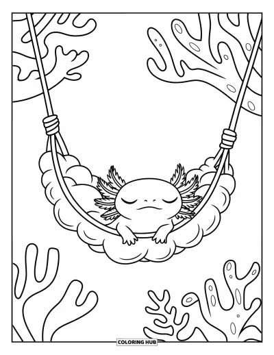 Coloriage d'axolotl pour enfants : Un axolotl endormi se repose dans un hamac-bulle flottant au-dessus des coraux