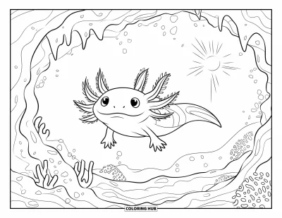 Coloriage d'axolotl pour enfants : Un axolotl souriant glisse sous des algues lumineuses dans une grotte sous-marine paisible