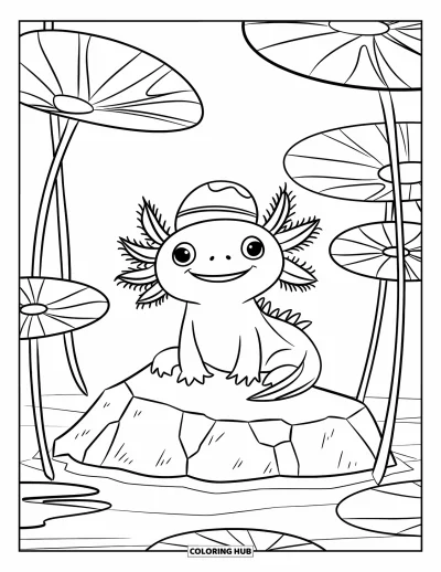 Coloriage d'axolotl pour enfants : Un axolotl souriant avec un joli chapeau est assis sur un rocher parmi de grands nénuphars