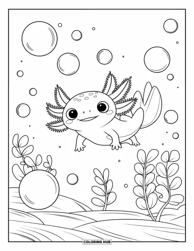 Coloriage d'axolotl pour enfants : Un adorable axolotl flotte les yeux grands ouverts, entouré de grandes feuilles et de bulles