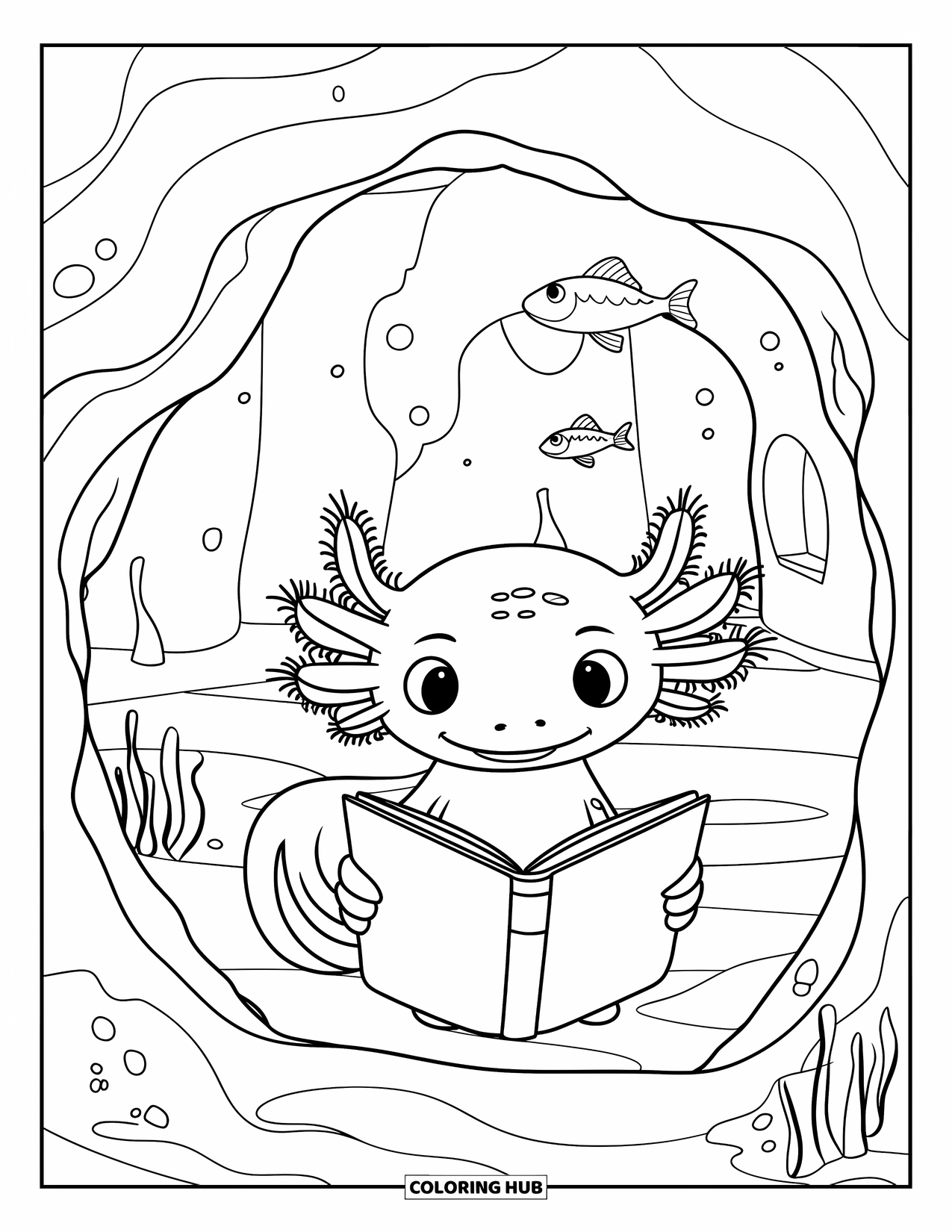 Dibujo de ajolote para colorear para niños: Un ajolote disfruta leyendo en una acogedora cueva llena de líneas suaves y peces