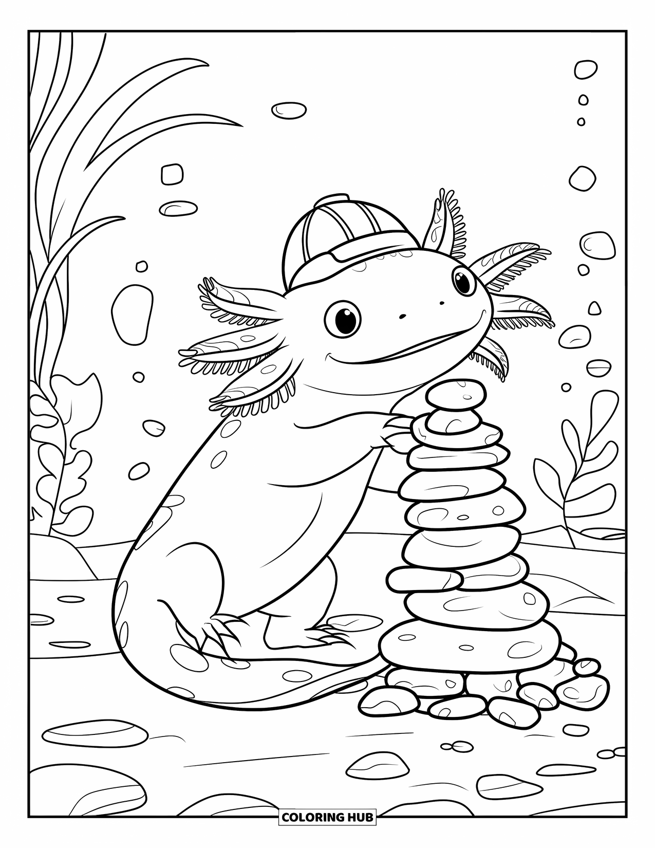 Dibujo de ajolote para colorear para niños: Un ajolote con un casco construye con alegría una alta torre de guijarros