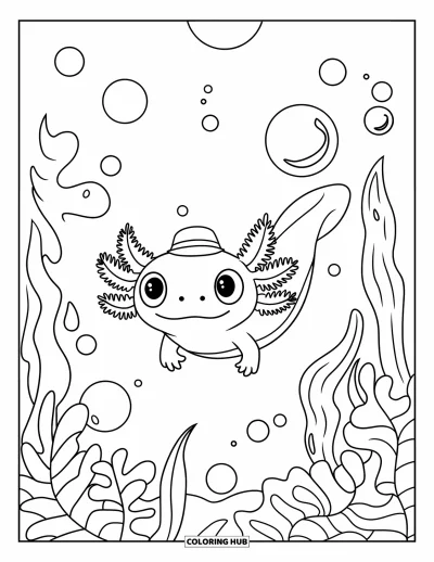 Coloriage d'axolotl pour enfants : Un axolotl avec un petit chapeau flotte joyeusement parmi des bulles et de grandes plantes