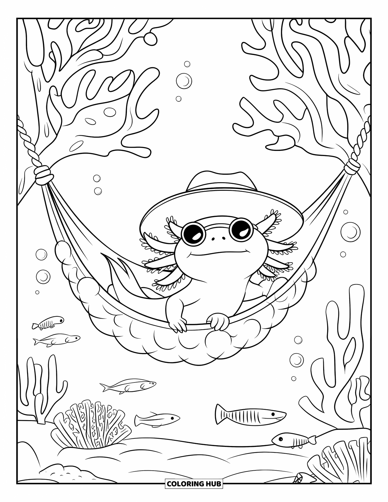 Dibujo de ajolote para colorear para niños: Un ajolote con gafas de sol duerme la siesta en una hamaca de burbujas entre ramas de coral