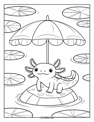 Coloriage d'axolotl pour enfants : Un axolotl se détend sous un parapluie de nénuphar près de feuilles flottantes et calmes