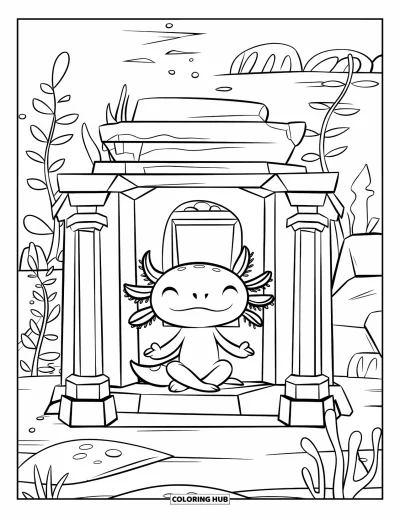 Coloriage d'axolotl pour enfants : Un axolotl est assis calmement sur une plateforme dans un temple sous-marin silencieux