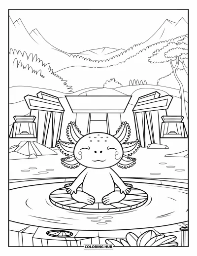 Coloriage d'axolotl pour enfants : Un axolotl est assis sur une fleur de lotus dans un étang paisible près d'un vieux temple