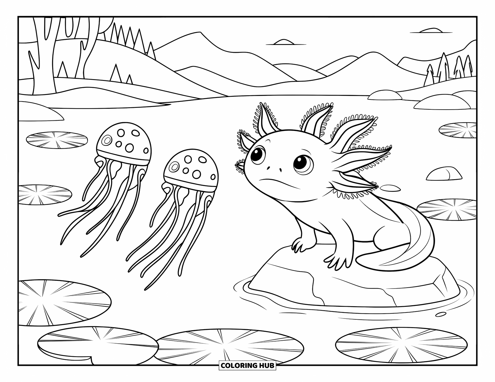 Dibujo de ajolote para colorear para niños: Un ajolote se sienta en una roca, mirando a las medusas en un tranquilo estanque de montaña
