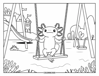 Coloriage d'axolotl pour enfants : Un axolotl se balance sur des cordes de varech dans une aire de jeux sous-marine ludique