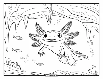 Coloriage d'axolotl pour enfants : Un axolotl aux grands yeux nage près de stalactites et de petits poissons dans une grotte marine