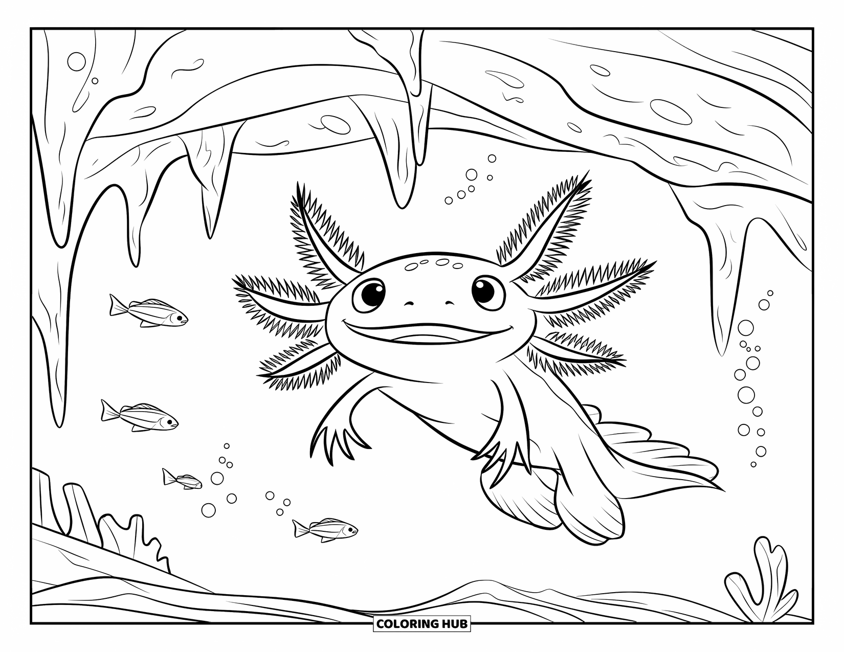 Dibujo de ajolote para colorear para niños: Un ajolote con ojos grandes nada junto a estalactitas y pequeños peces en una cueva marina
