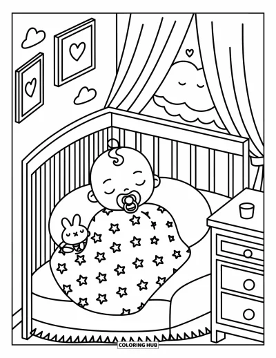 Kleurplaat van baby's voor volwassenen: Een babymeisje dut met een speen, omringd door sterren en dicht tegen een konijntje aan