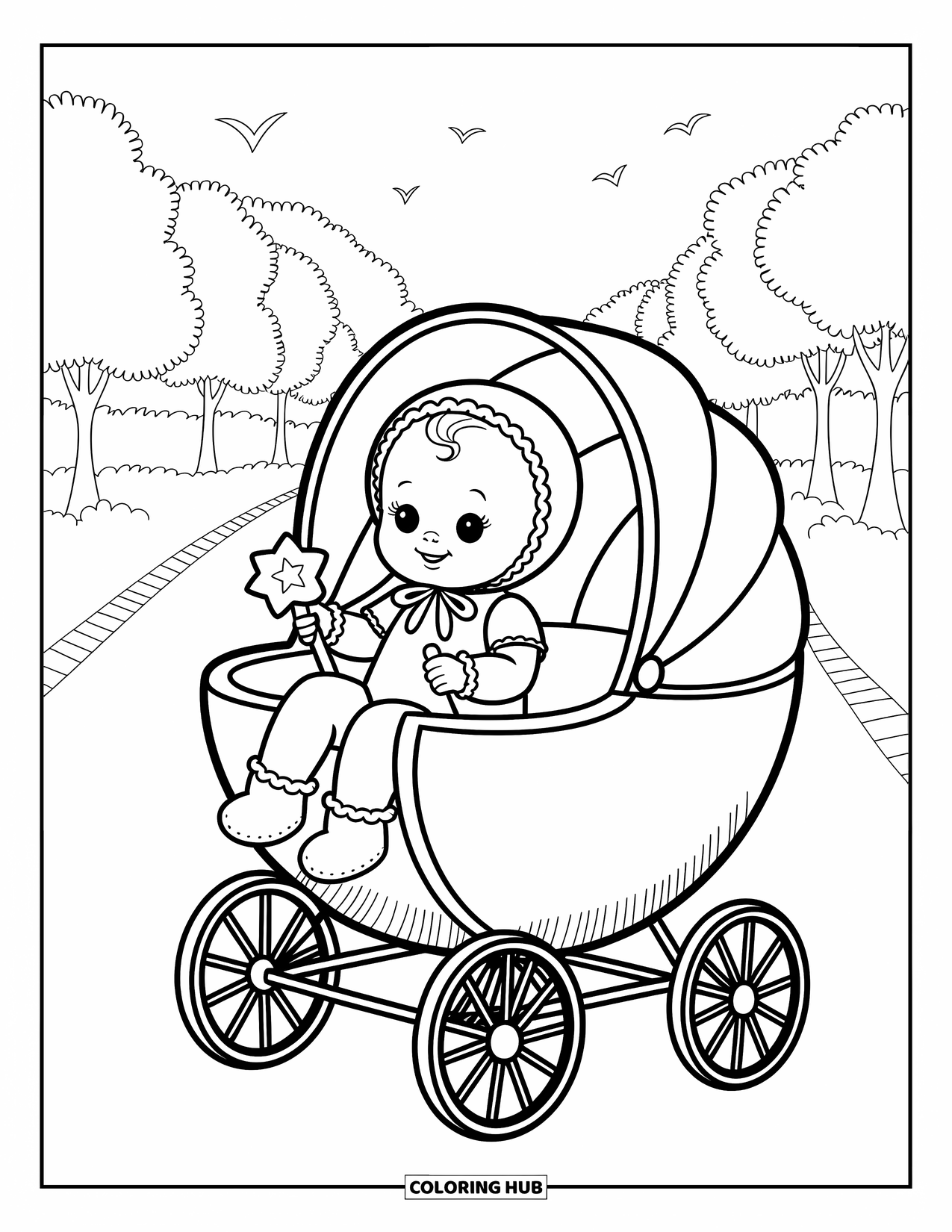Baby Kleurplaat voor Volwassenen: Een baby meisje rijdt in een vintage kinderwagen met een sterrammelaar langs een parkpad