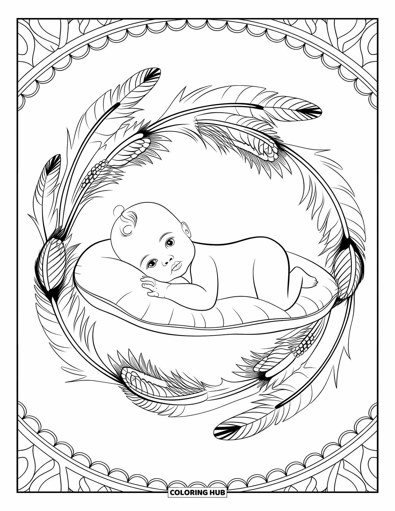 Baby Kleurplaat voor Volwassenen: Een baby ligt vredig in een mandala gevuld met veren en bloemen
