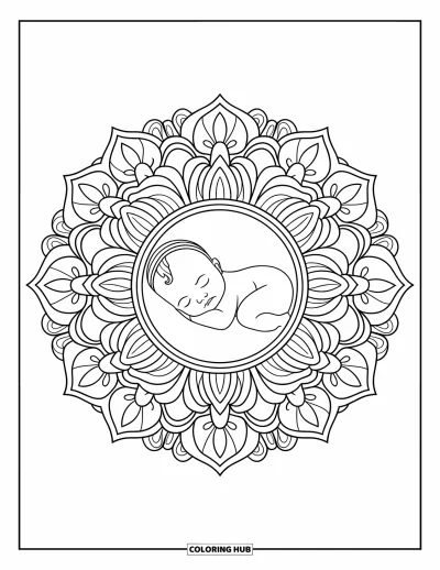 Kleurplaat van baby's voor volwassenen: Een baby ligt slapend in het midden van een sierlijke mandala met bloemen en sterren