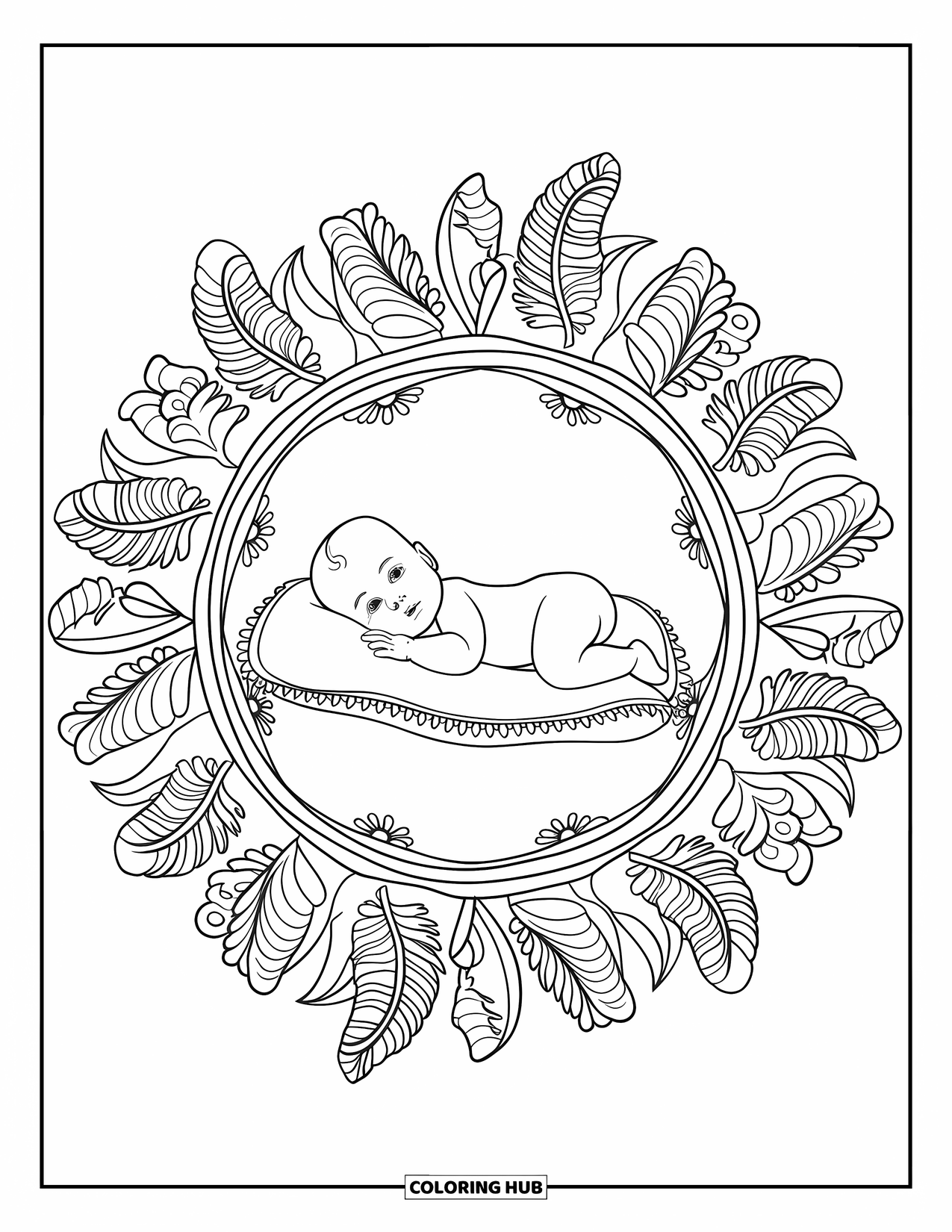 Baby Kleurplaat voor Volwassenen: Een baby ligt op een kussen in een ronde mandala van bloemen en veren