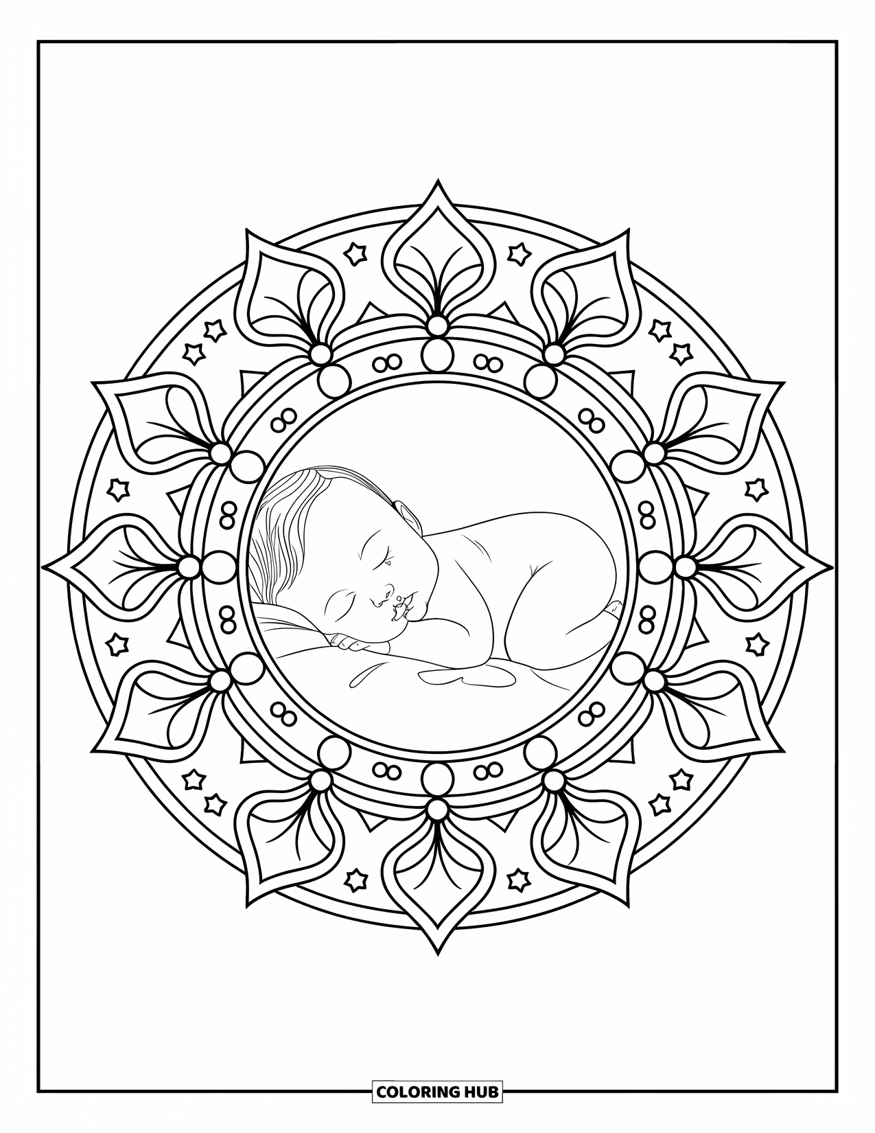 Baby Kleurplaat voor Volwassenen: Een baby doet vredig een dutje in een mandala van bloemen en sterren
