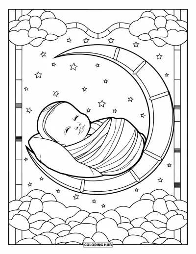 Kleurplaat van baby's voor volwassenen: Een baby rust op een maan met overal glas-in-loodwolken